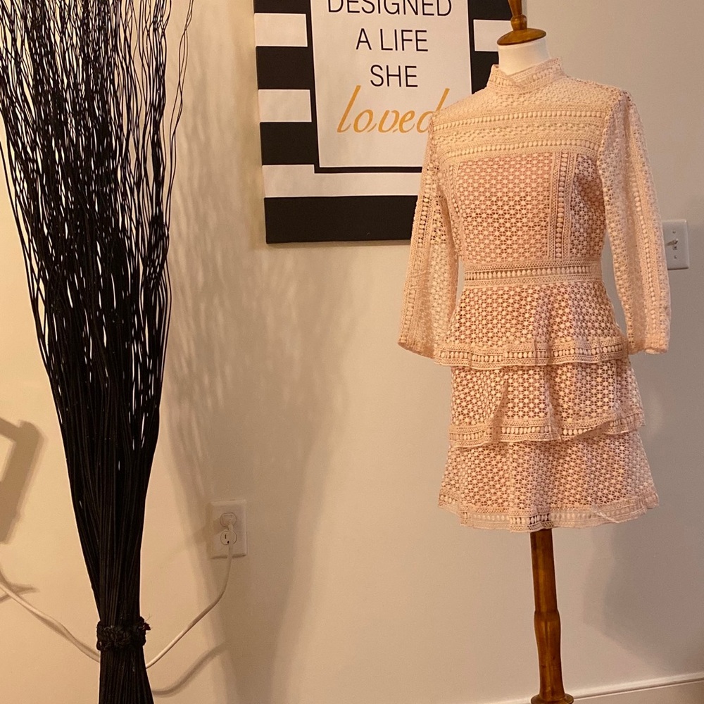 Pink skater lace dress high collar back zipper